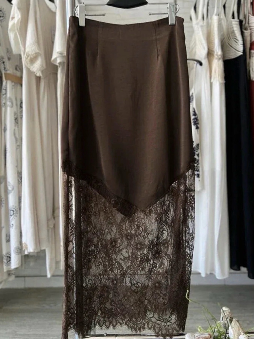 Brown Lace-Trim Midi Slip Skirt - Women